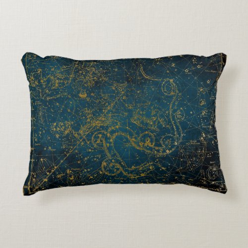 Vintage Illustrated Dark Blue  Gold Star Map Accent Pillow
