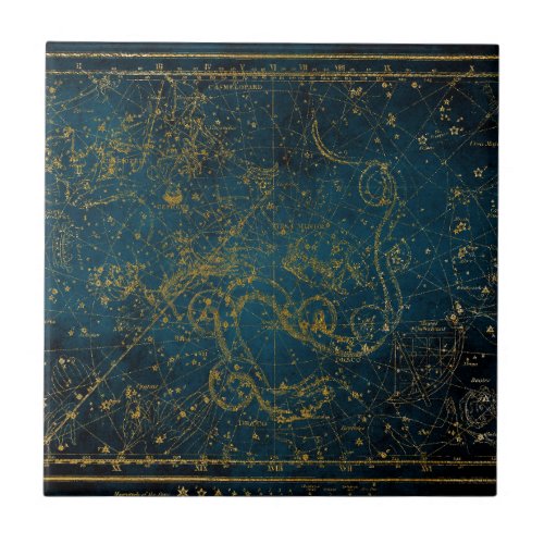 Vintage Illustrated Dark Blue  Gold Star Map  Ceramic Tile