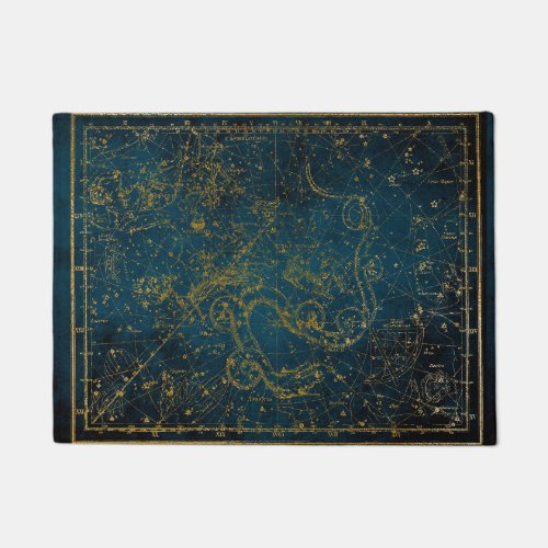 Vintage Illustrated Dark Blue  Gold Star Map Doormat