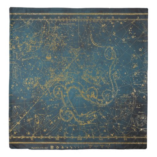 Vintage Illustrated Dark Blue  Gold Star Map  Duvet Cover