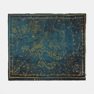 Vintage Illustrated Dark Blue & Gold Star Map Fleece Blanket