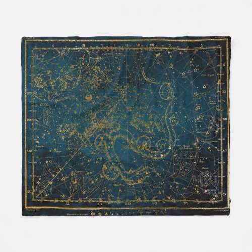 Vintage Illustrated Dark Blue  Gold Star Map Fleece Blanket
