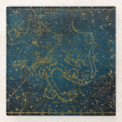 Vintage Illustrated Dark Blue  Gold Star Map Glass Coaster