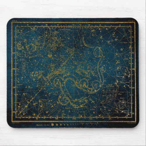 Vintage Illustrated Dark Blue  Gold Star Map Mouse Pad