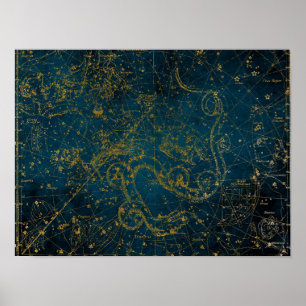 Vintage Illustrated Dark Blue & Gold Star Map Poster