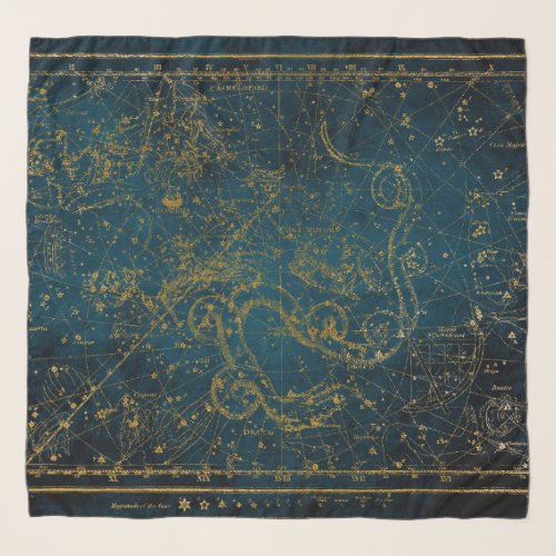 Vintage Illustrated Dark Blue  Gold Star Map Scarf