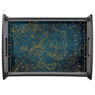 Vintage Illustrated Dark Blue & Gold Star Map Serving Tray