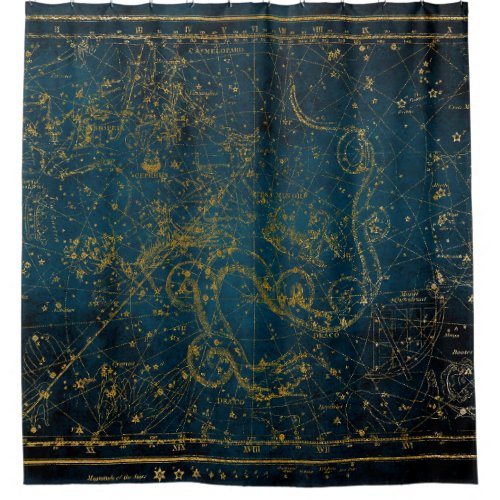 Vintage Illustrated Dark Blue  Gold Star Map Shower Curtain