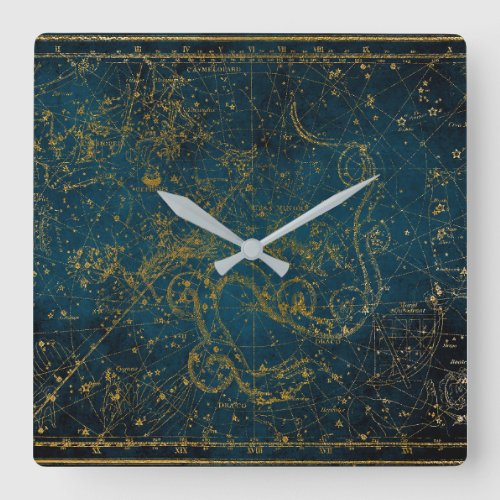 Vintage Illustrated Dark Blue  Gold Star Map Square Wall Clock