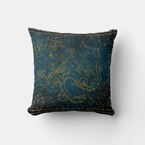 Vintage Illustrated Dark Blue  Gold Star Map Throw Pillow