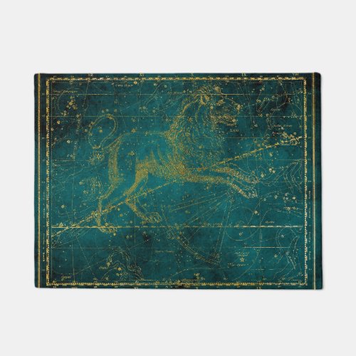 Vintage Illustrated Green  Gold Lion Star Map Doormat
