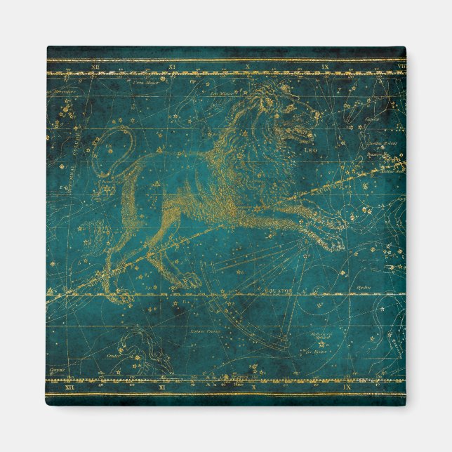 Vintage Illustrated Green & Gold Lion Star Map Magnet (Front)