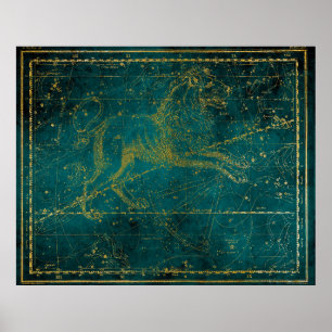 Vintage Illustrated Green & Gold Lion Star Map Poster