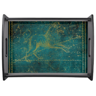 Vintage Illustrated Green & Gold Lion Star Map Serving Tray