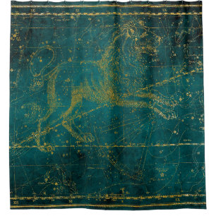 Vintage Illustrated Green & Gold Lion Star Map Shower Curtain