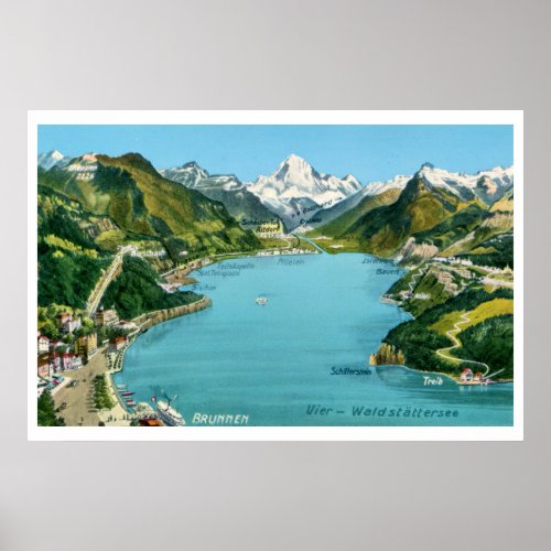 Vintage illustrated map Lake Lucerne Poster