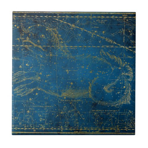 Vintage Illustrated Mid Blue  Gold Star Map Ceramic Tile