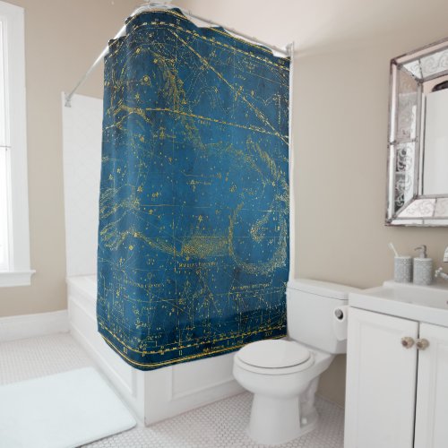 Vintage Illustrated Mid Blue  Gold Star Map Shower Curtain