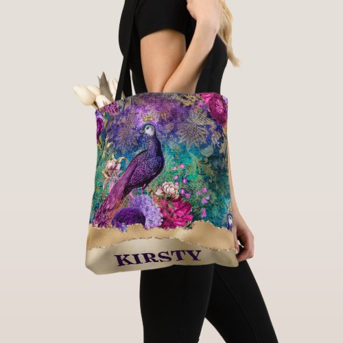 Vintage Illustrated Peacock and Flowers Grunge Tote Bag