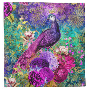 Vintage Illustrated Peacock Grunge Pattern Cloth Napkin