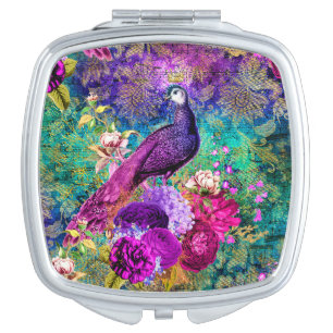 Vintage Illustrated Peacock Grunge Pattern Compact Mirror
