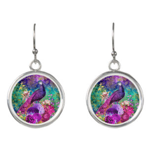 Vintage Illustrated Peacock Grunge Pattern Earrings