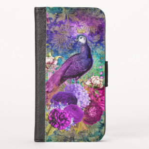Vintage Illustrated Peacock Grunge Pattern iPhone X Wallet Case