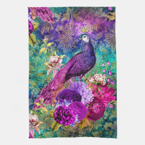 Vintage Illustrated Peacock Grunge Pattern Kitchen Towel