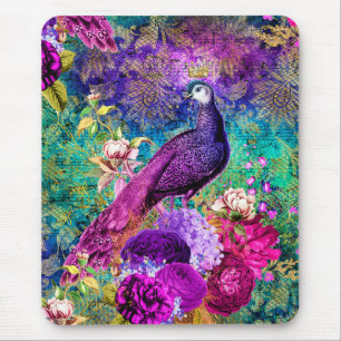 Vintage Illustrated Peacock Grunge Pattern Mouse Pad