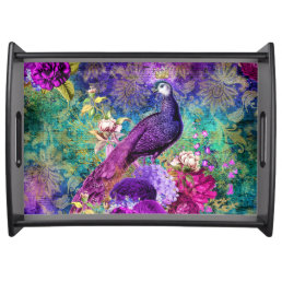 Vintage Illustrated Peacock Grunge Pattern Serving Tray
