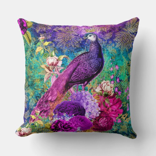 Vintage Illustrated Peacock Grunge Pattern Throw Pillow