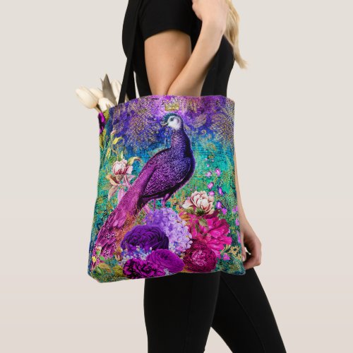 Vintage Illustrated Peacock Grunge Pattern Tote Bag