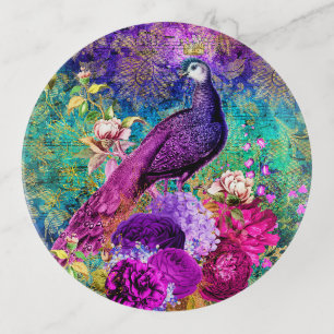 Vintage Illustrated Peacock Grunge Pattern Trinket Tray
