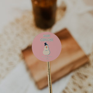 Vintage Illustrated Pink Snowman Merry Christmas Classic Round Sticker