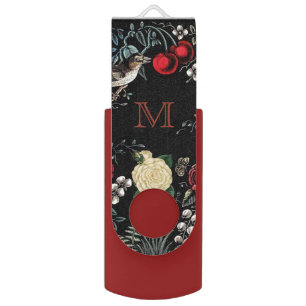 Vintage Illustration Bird and Berries Monogram Flash Drive