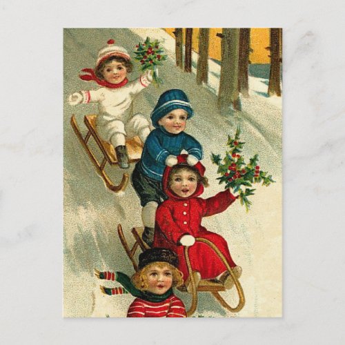 Vintage Illustration Children Sledding in Winter Postcard