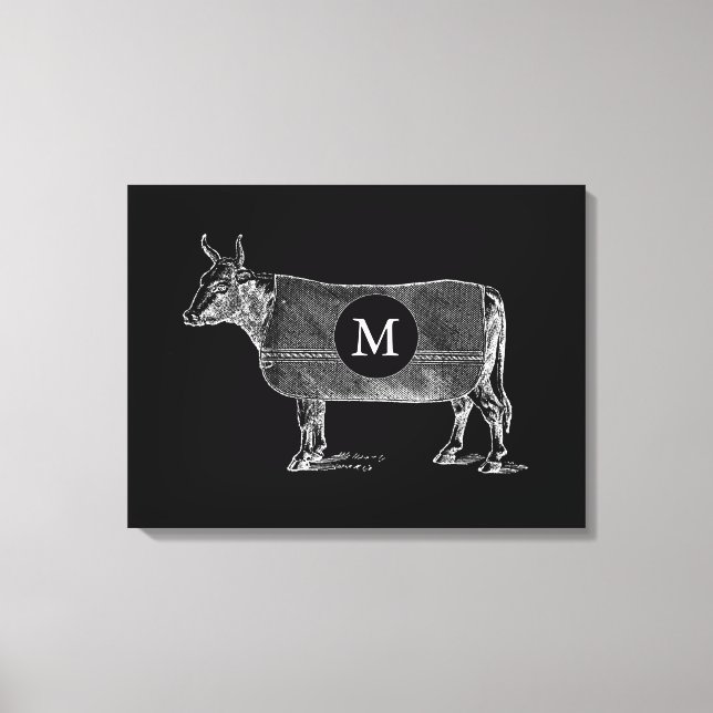 VINTAGE ILLUSTRATION Cow Monogram Black Canvas (Front)