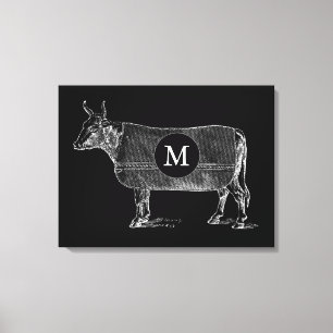 VINTAGE ILLUSTRATION Cow Monogram Black Canvas Print