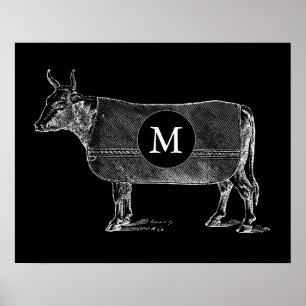 VINTAGE ILLUSTRATION Cow Monogram Black Poster