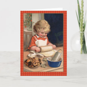 Vintage Illustration Girl Baking Christmas Cookies Holiday Card