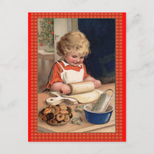 Vintage Illustration Girl Baking Christmas Cookies Holiday Postcard