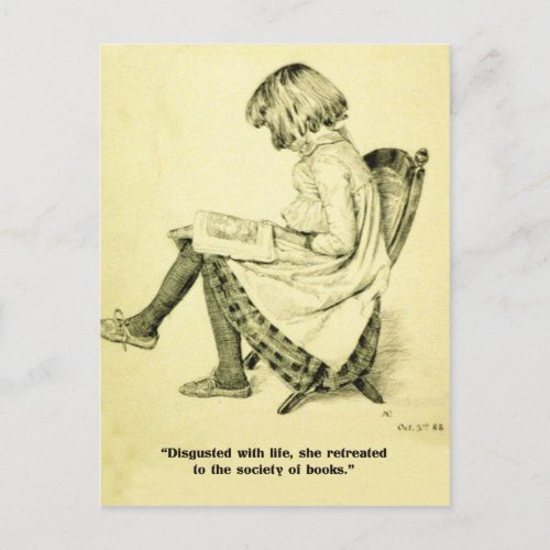 Vintage illustration girl reading book fun caption postcard