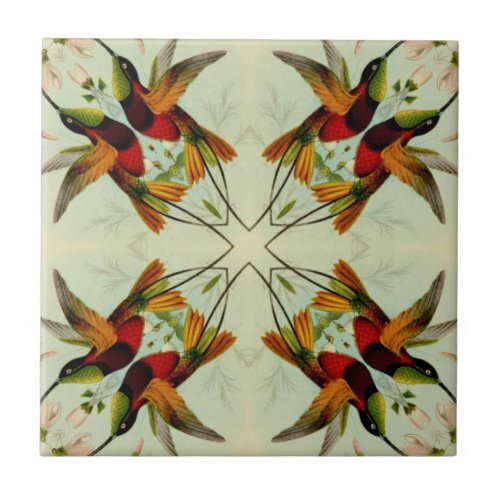 Vintage Illustration Hummingbirds and Flowers Ceramic Tile