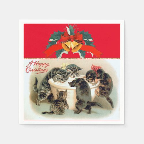 Vintage Illustration Kittens at Christmas Napkins