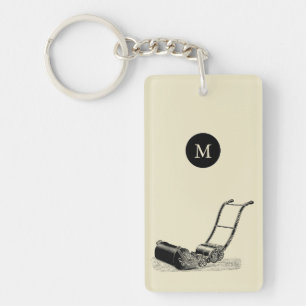 VINTAGE ILLUSTRATION Lawn Mower Monogram 2sided K Keychain