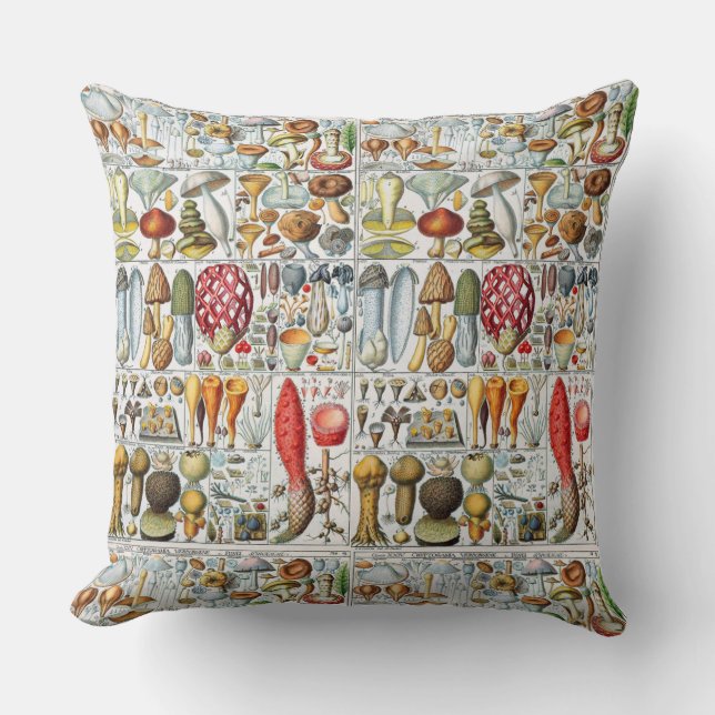 Vintage Illustration Mushroom Throw Pillow (Front)