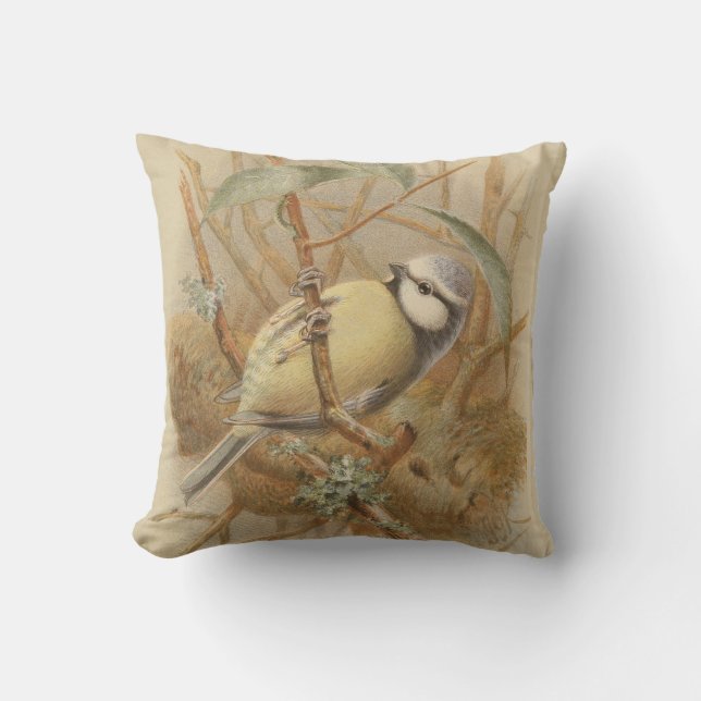 Vintage Illustration of Bluetit Throw Pillow (Front)