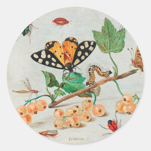 Vintage illustration of butterflies on berries classic round sticker