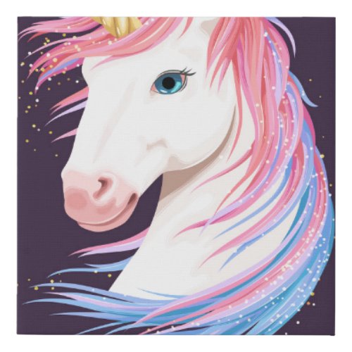 vintage illustration of cute unicorn with gold hor faux canvas print