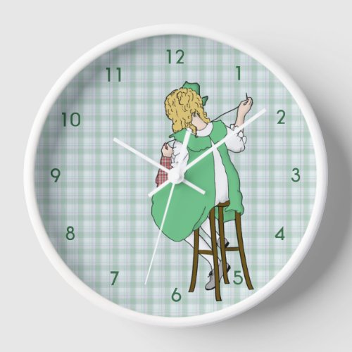 Vintage Illustration of Girl Sewing Clock